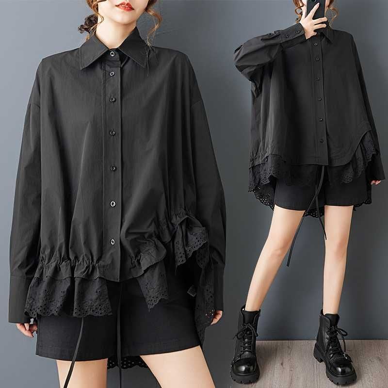 BLACK LACE STITCHED IRREGULAR HEM LONG SLEEVES DESIGN SHIRT 1color M-16065