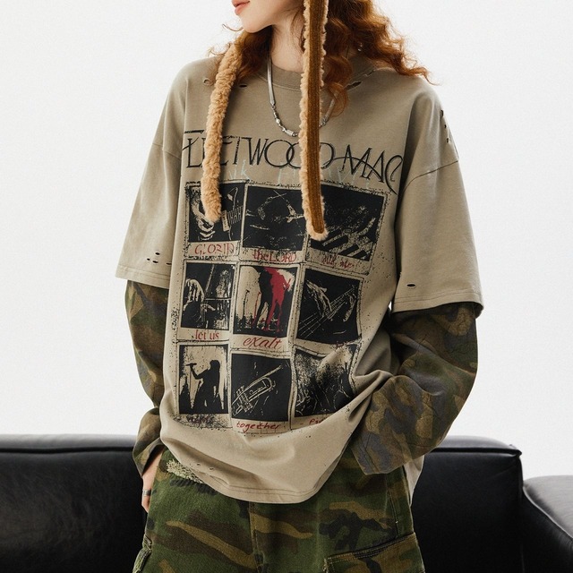 ヴィンテージプリントレイヤードスリーブTシャツ   R00801