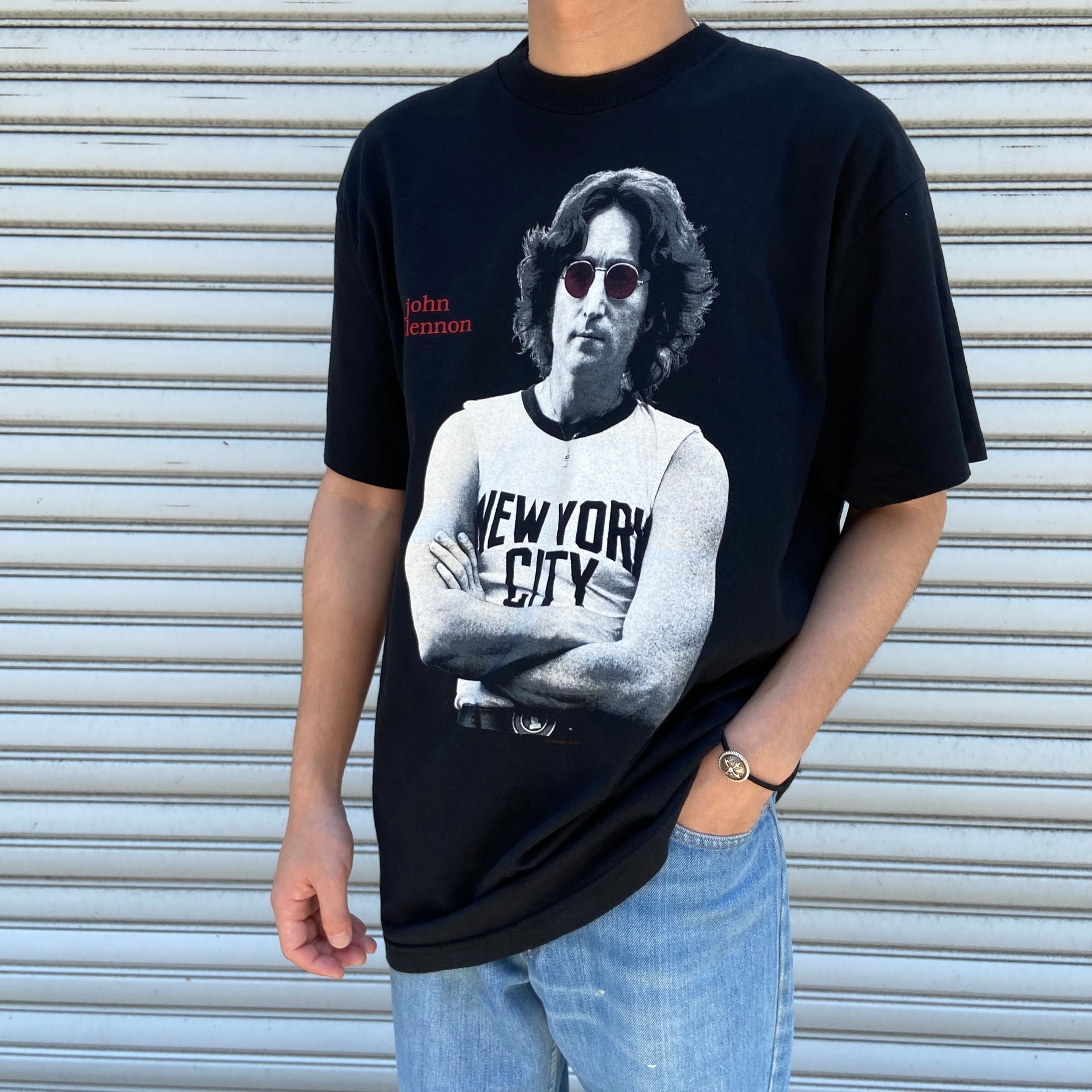 00sジョンレノン両面プリントTシャツ映画Tフェード雰囲気良好レディースM相当◎ 90s USA製 ジョンレノン バンドTシャツ 両面プリント ブラック L