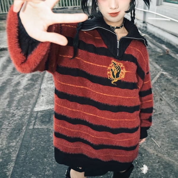 ハーフジップハイネックブラックボーダー刺繍リラックスニット(ruf_02497)