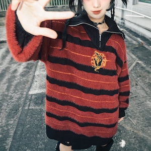 ハーフジップハイネックブラックボーダー刺繍リラックスニット(ruf_02497)