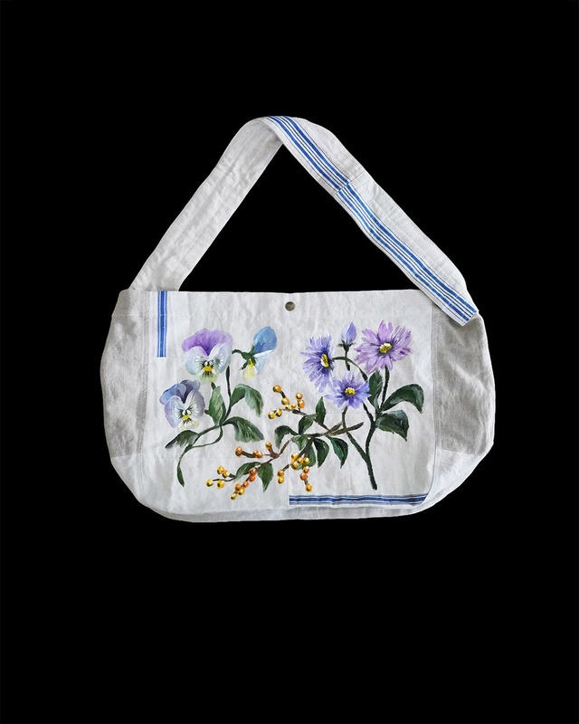 used linen postman bag purpleflowers