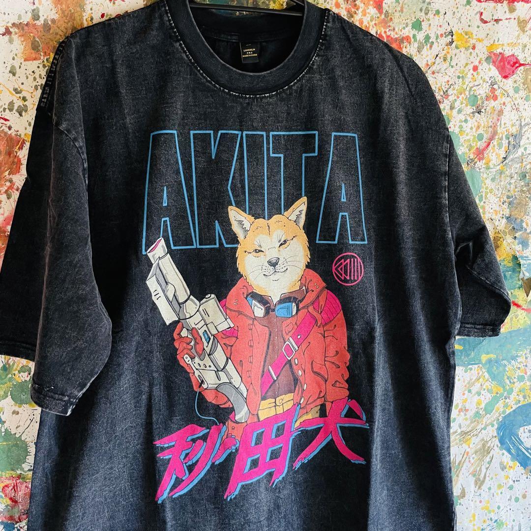 秋田犬 AKIRA Tシャツ 半袖 ケミカルウォッシュ 黒XL メンズ | PAPER HOUSE
