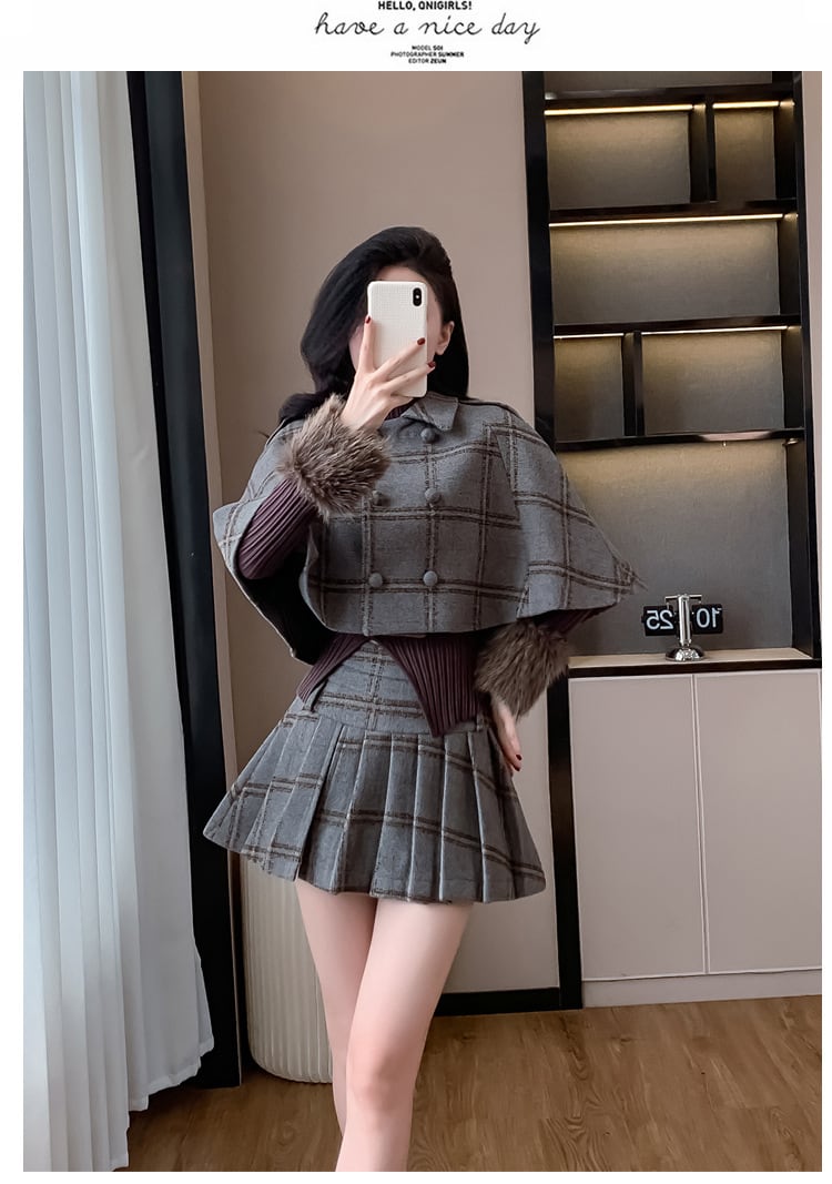 set】チェック柄ケープコート×スカートセット M27488 | nanastyle