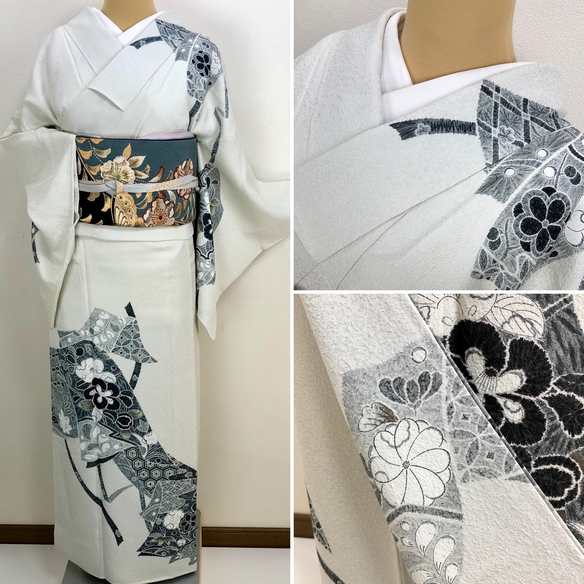 訪問着 袷 正絹 刺繍あられ ベンガラ格子戸 石畳 花柄 Sサイズki28524