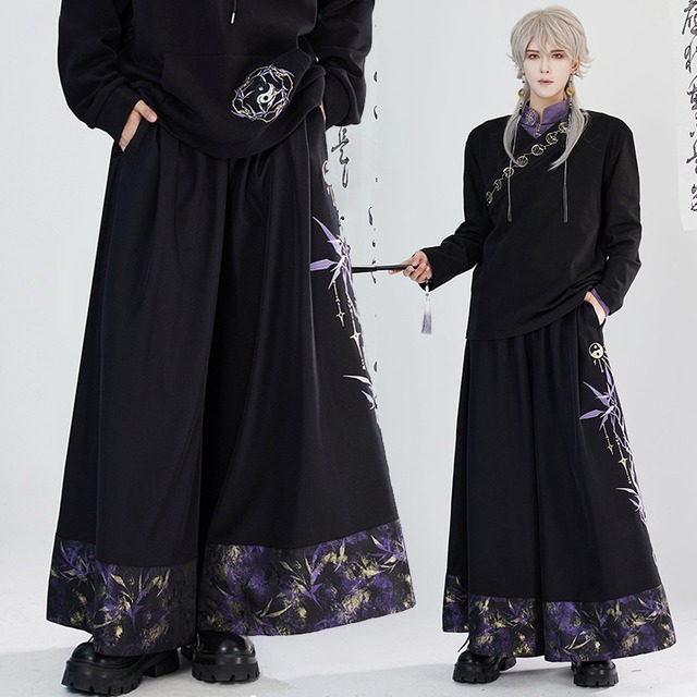 【卿棠---月相シリーズ】★チャイナ風ズボン★ ガウチョパンツ ボトムス 男女兼用 メンズ 黒 紫 切り替え