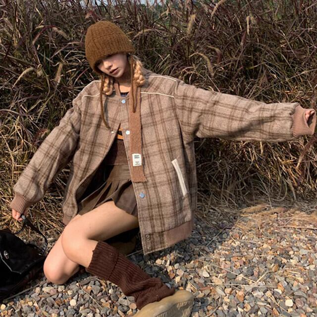 ジャケット レディース アウター シンプル チェック 綿 カジュアル おしゃれ かっこいい オーバーシルエット 秋冬 ブラウン S/M/L/XL