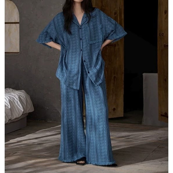 【3piece】【M-2XL】blue flower pattern summer pajamas p1697