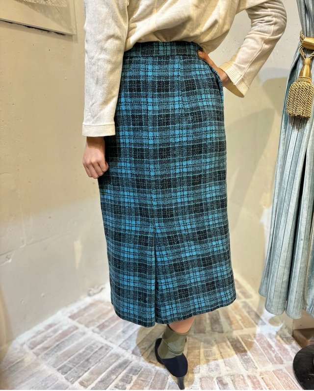 50's blue×black check skirt