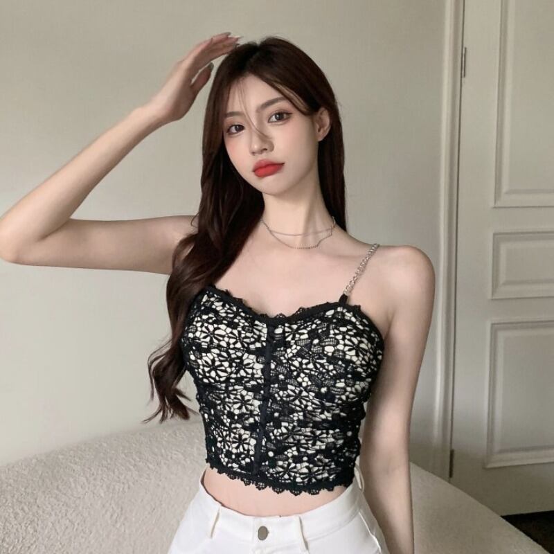 サマースタイルチェーン レースバックショートトップス レディース 夏物 ハンチェンe78741770515