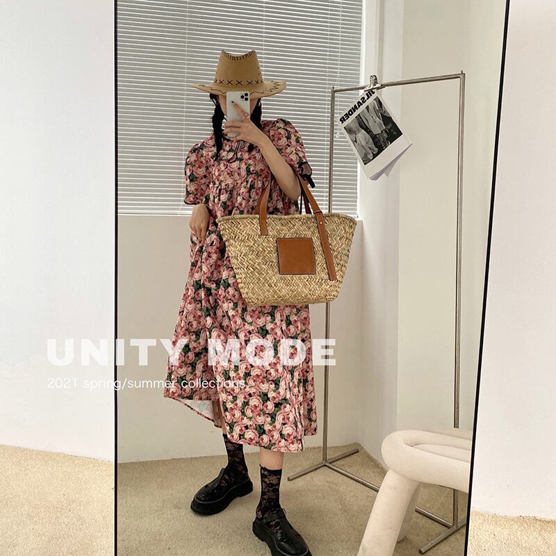 ロングフローラルドレス サマールーズレーススリーブAライン 夏物 花柄 ビッグFスモールZ韓国22798589702