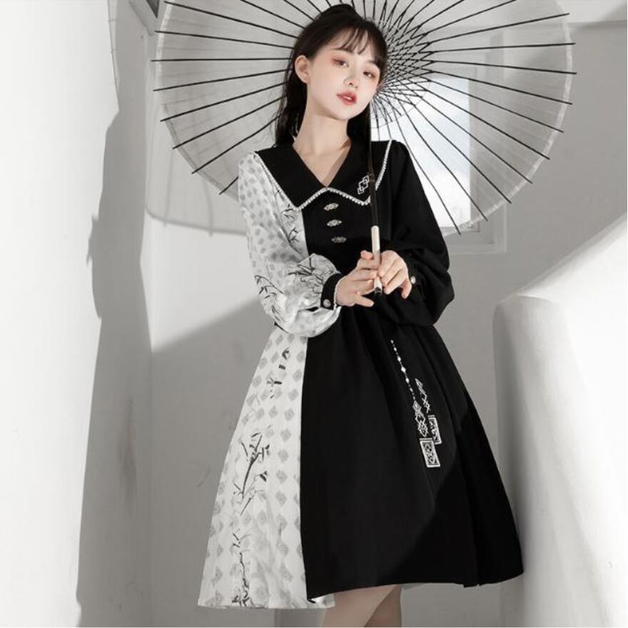 サブカル 服 地雷系 通販 華ロリ ワンピ チャイナ風 バイカラー ウエストベルト ガーリー 秋葉系ファッション