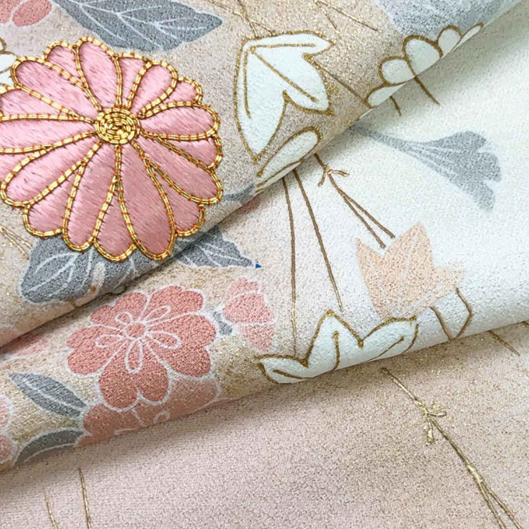 訪問着 美しい花模様 松葉 刺繍 金駒 ガード加工 金彩 麹色 K-5274 訪問着 美しい花模様 松葉 刺繍 金駒 ガード加工 金彩 麹色 K