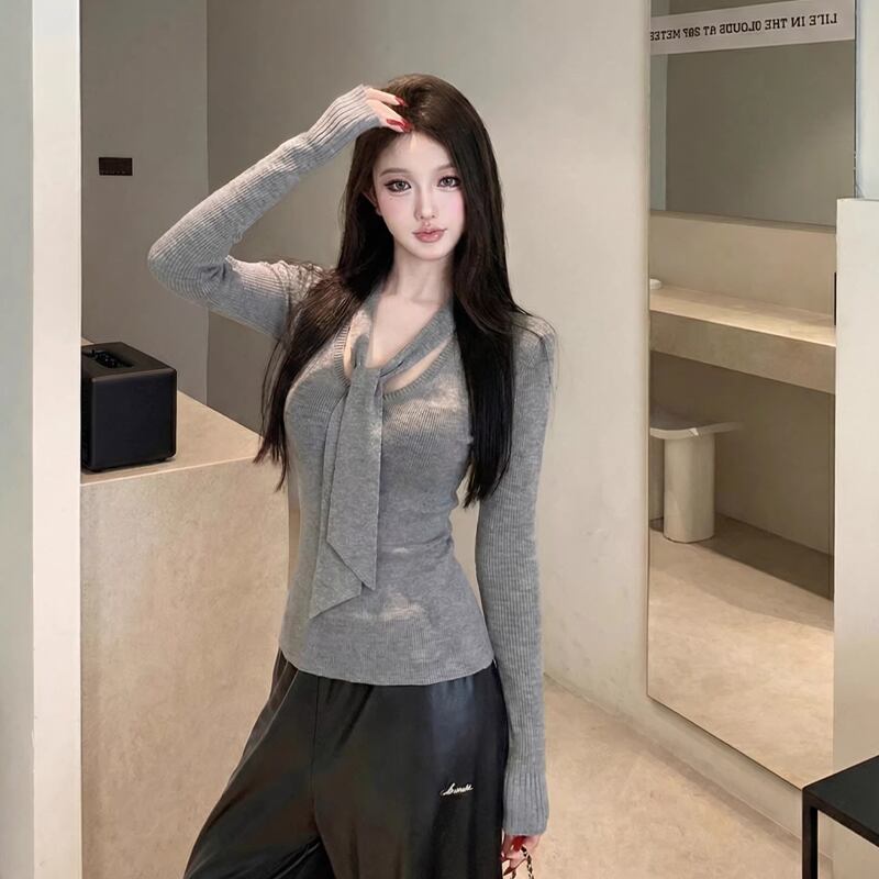 【tops】スカーフネックニットトップス Q8044