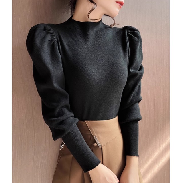 High neck puff sleeve knit pullover A892