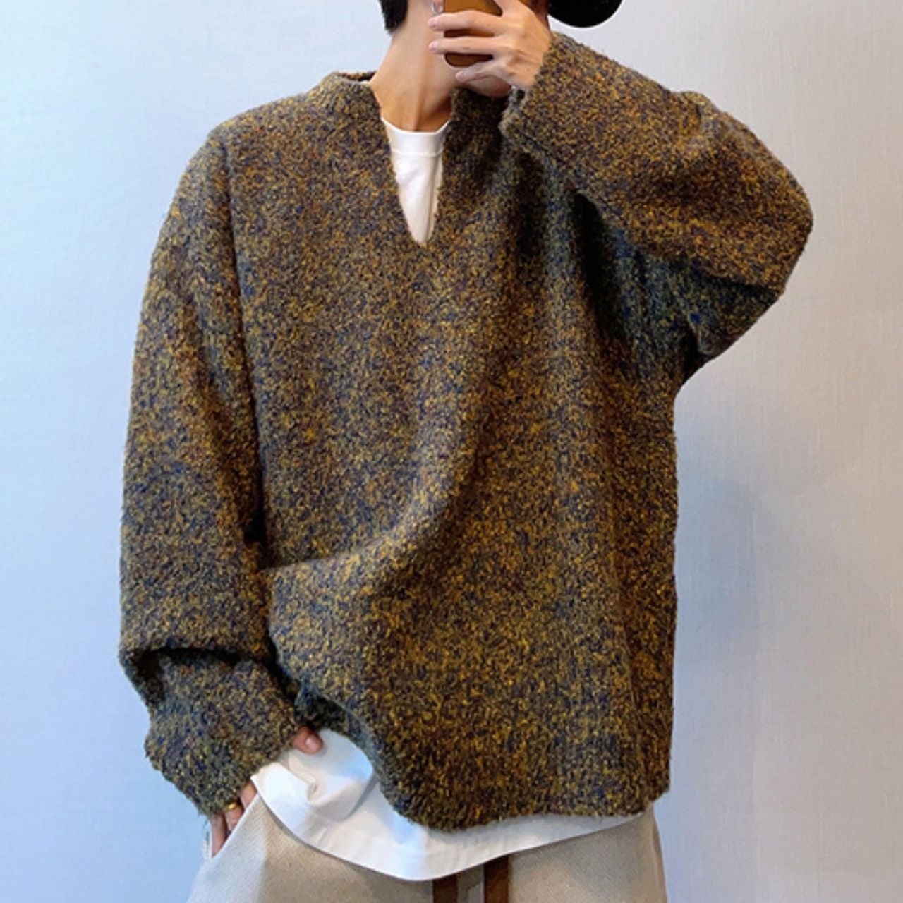 カラーミックスV ネックオフショルダーニット　1043