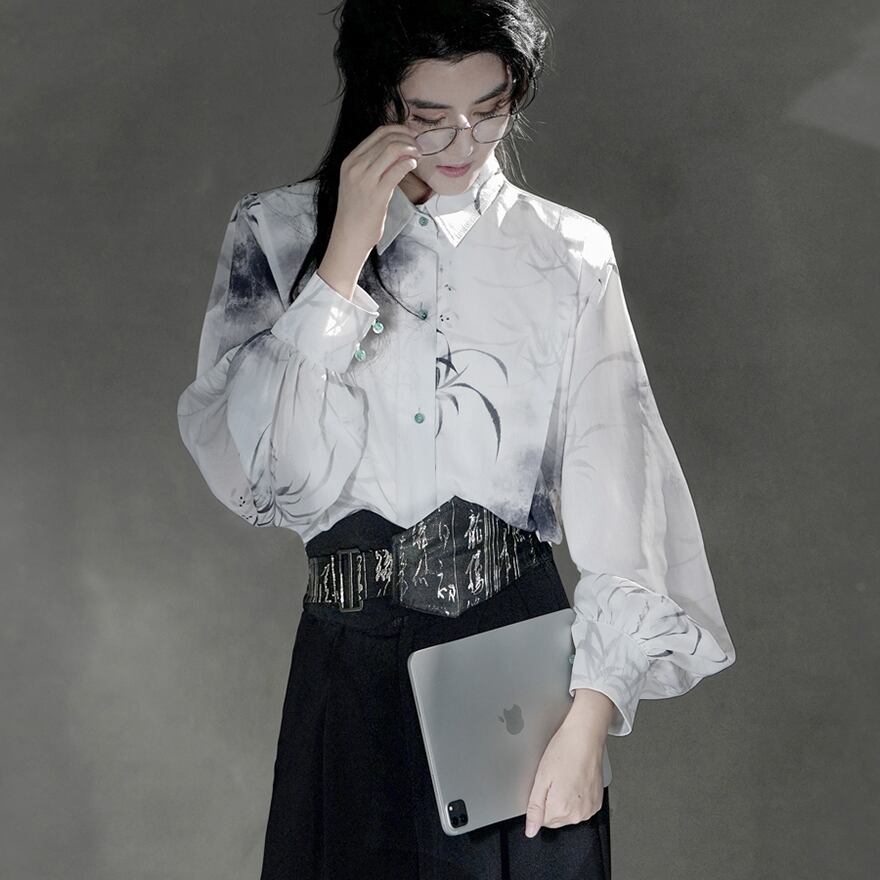 中華ゴシック シャツ 水墨画プリント メンズゴシック 中華系ファッション 地雷系ファッション