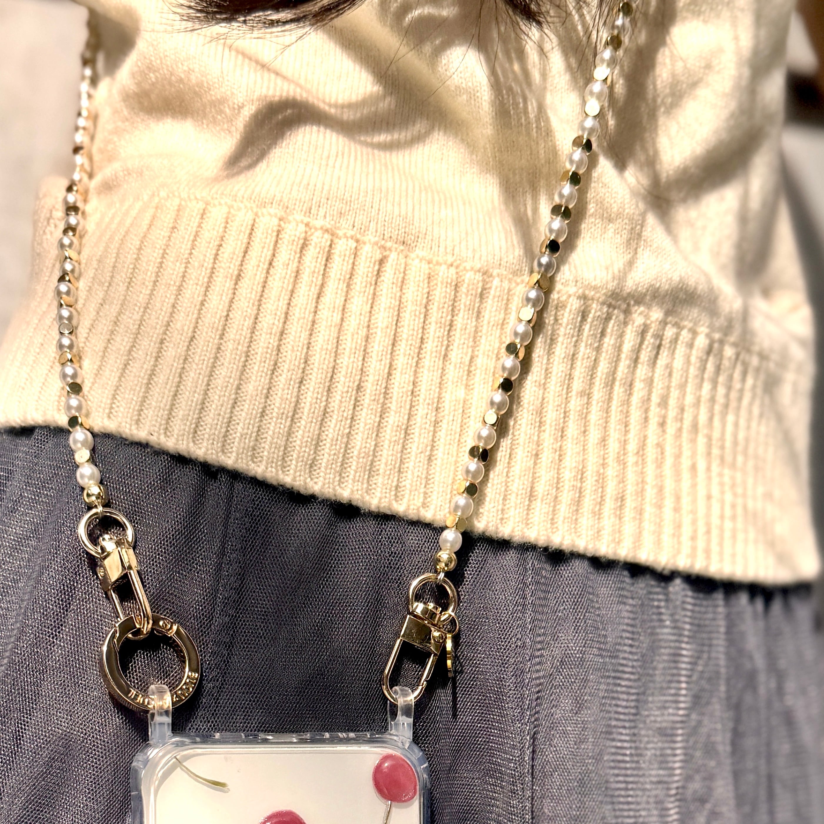 ダブルワイヤー使用‼︎《華奢パールLuxe》スマホショルダーストラップ