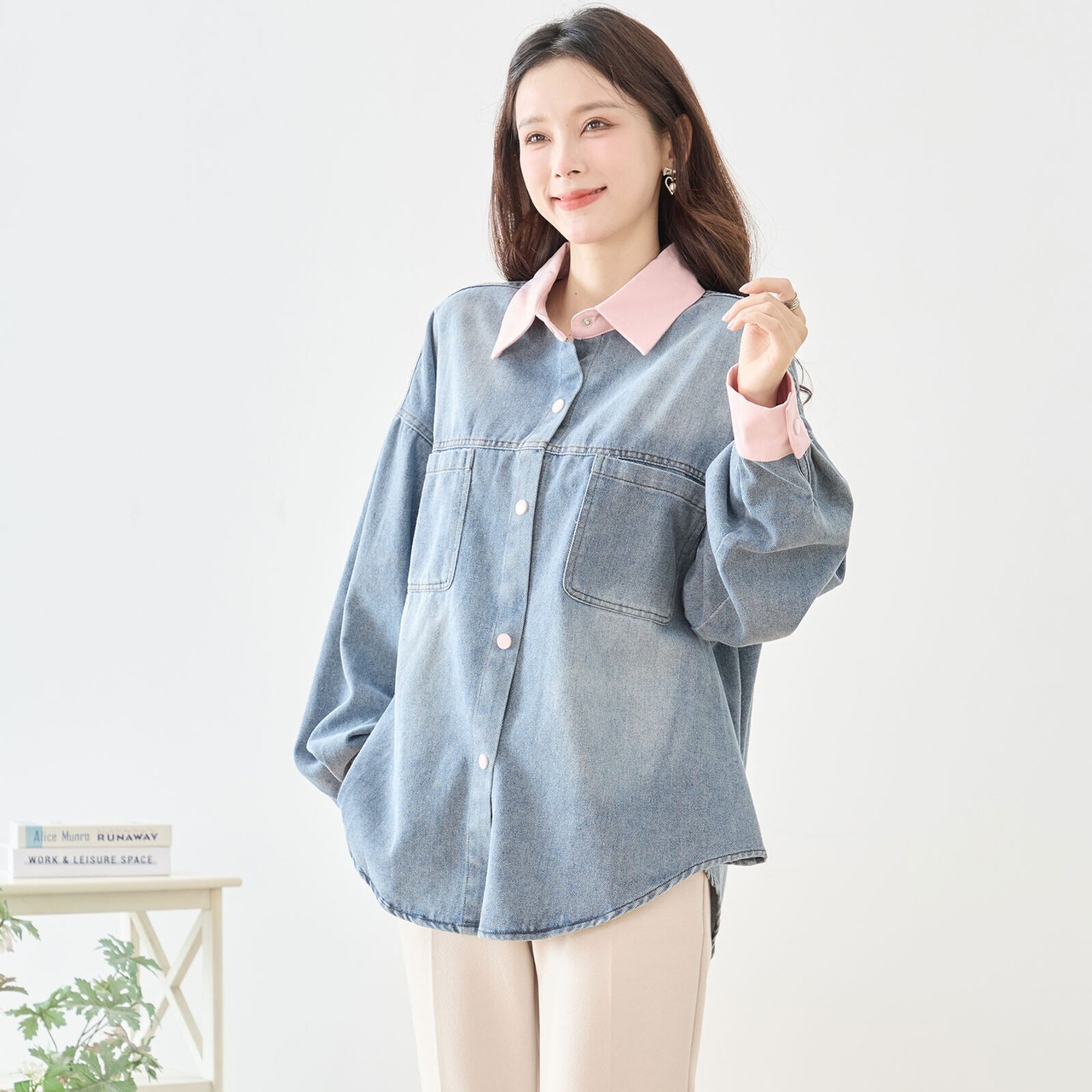【SALE 15%OFF 4/5 10:00まで】TRUBE 配色アクセント長袖デニムシャツ【M~L】ピンク