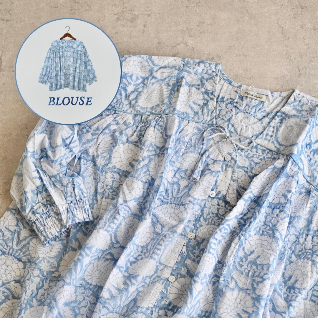 刺繍ブラウス Rico(ソフトブルー)|綿 花柄 長袖 コットン ナチュラル 春夏 雑貨屋