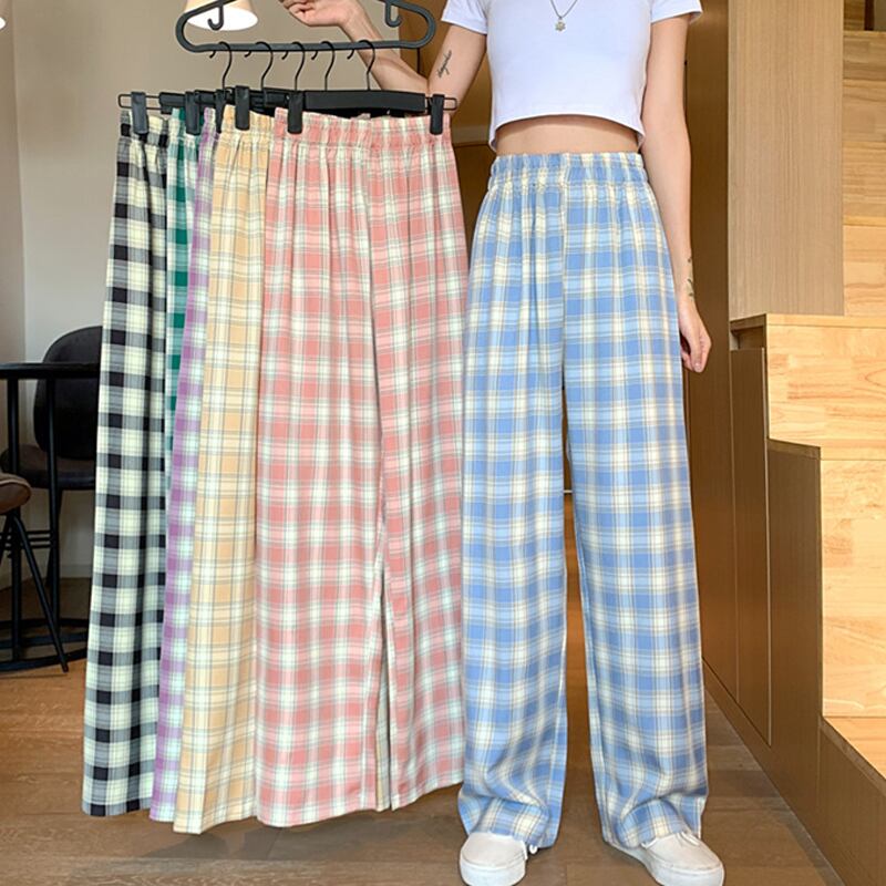 ルーズパンツ スプリングオータム格子柄ハイウェストウェストワイドレッグカジュアル 春物 秋物 ワイドパンツ スーパーモール19813012264