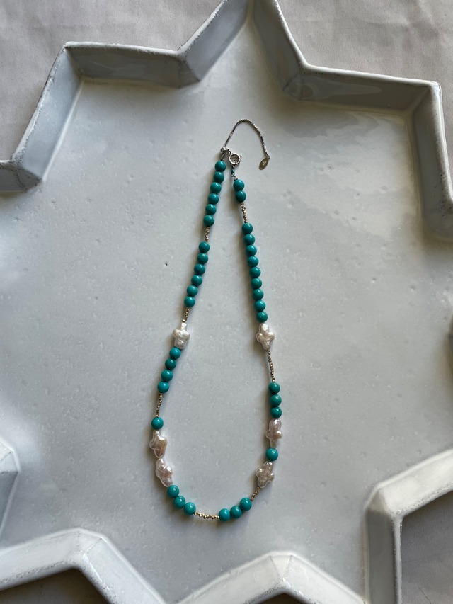 ターコイズ＋カレンシルバー＋淡水クロスパールネックレス