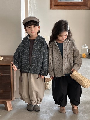 花柄ボタンパーカー（グレージュ／ブルーグリーン）JIAY 2026春｜80-140cm｜フード付きシャツ｜アウター｜パーカー ［取寄］