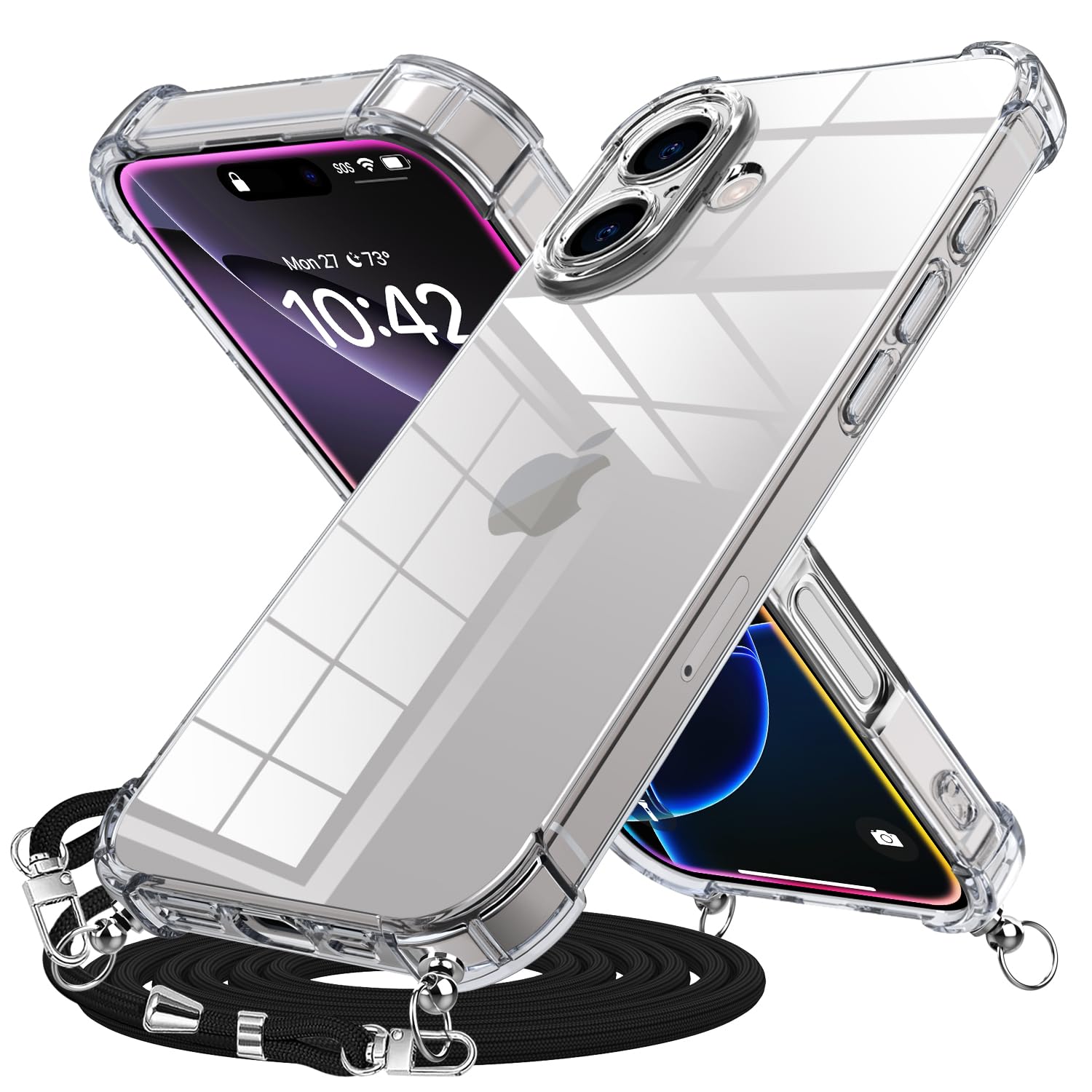 Duluqboba 対応 iPhone 16 用の ケース クリア ショルダー ストラップ グラデーションカバー 紐付き 肩掛け 斜めかけ 縄掛け