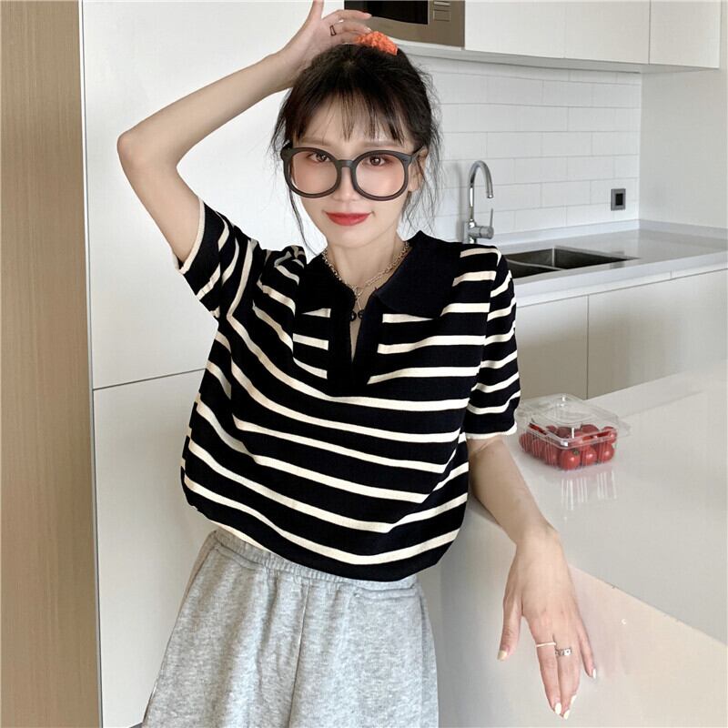 ストライプショートニットセーター レディースサマーシャツ ルーズ半袖スリーブTシャツ 薄手 ハーフスリーブ 夏物 1号婦人26724741371