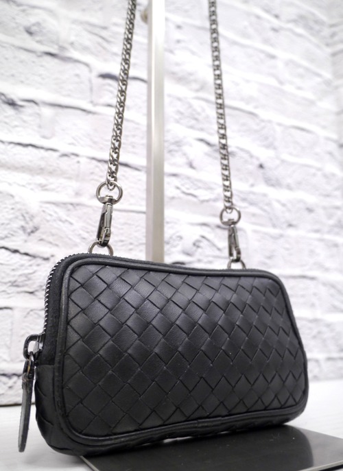 レア◆ BOTTEGA VENETA ボッテガヴェネタ イントレチャート クロスボディ レザー ショルダー ミニ バッグ ポーチ ポシェット 黒◆希少モデル