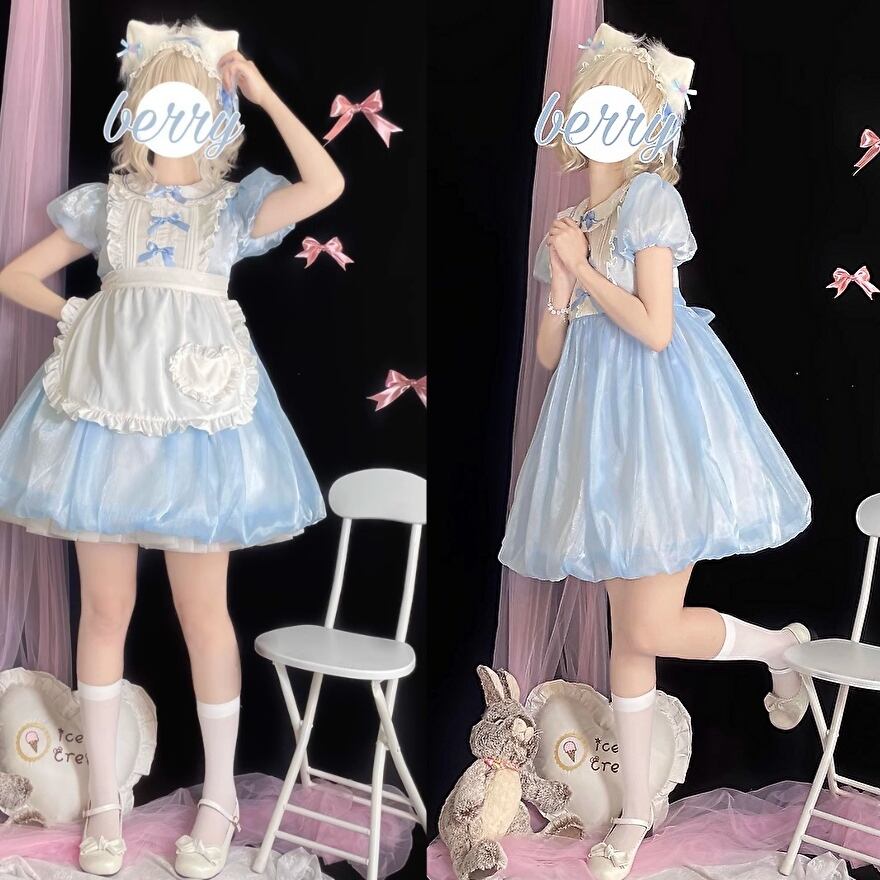 メイド服 チャイナ服 半袖 エプロン ふわふわ スカート ガーリー 甘め