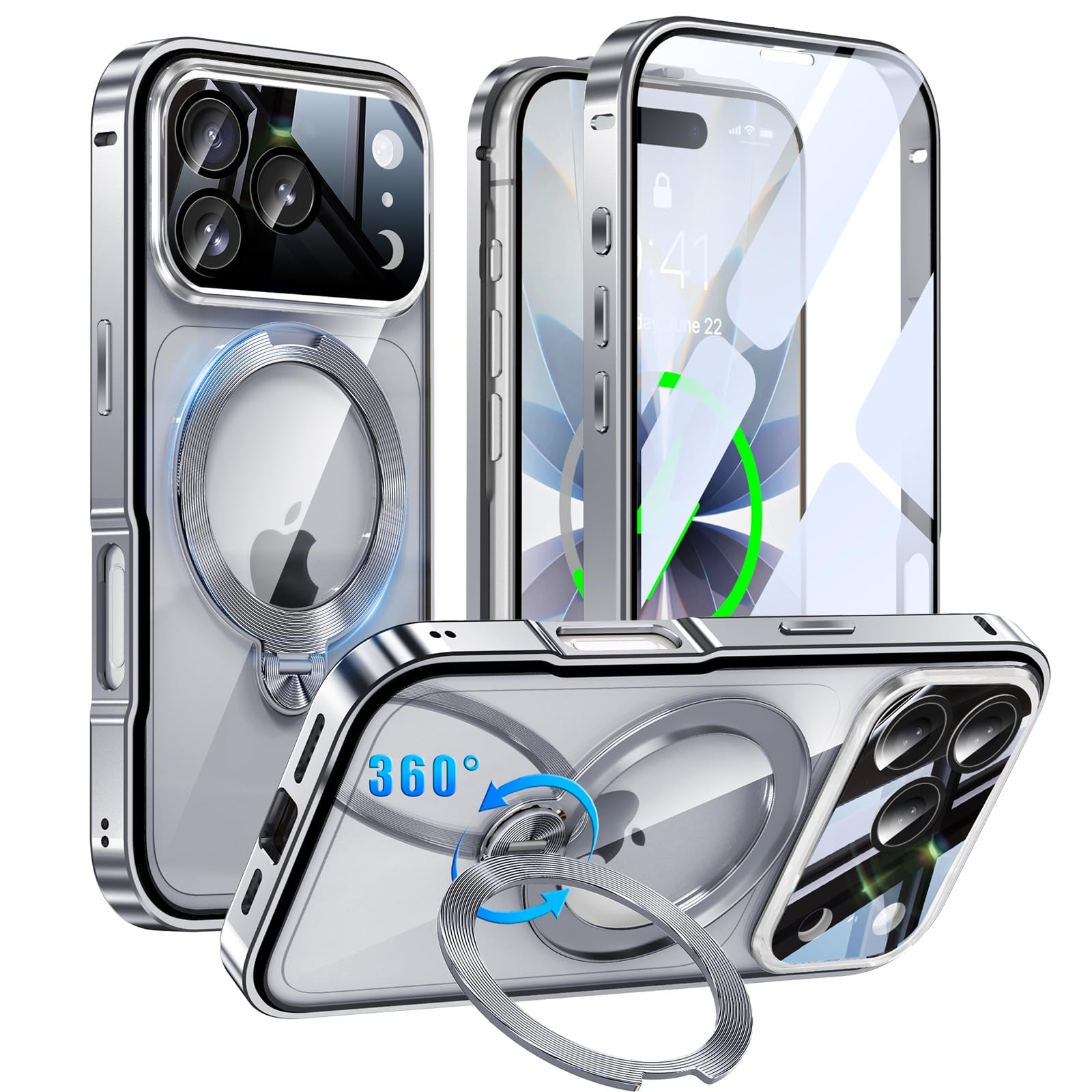 Gunwon iPhone 18 Pro 用 ケース 両面保護 MagSafe対応 360°定点回転スタンド CDリング 一体型フィルム・シルバー