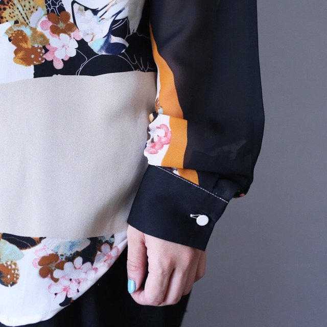 beautiful flower pattern fry-front minimal design see-through shirt