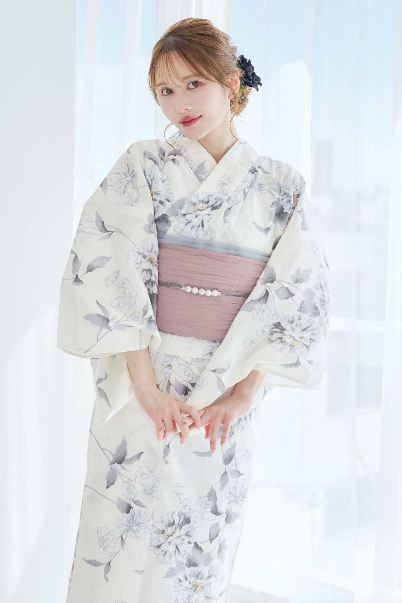 浴衣4点set霞色の花散らし【帯くすみピンク】Y5-19