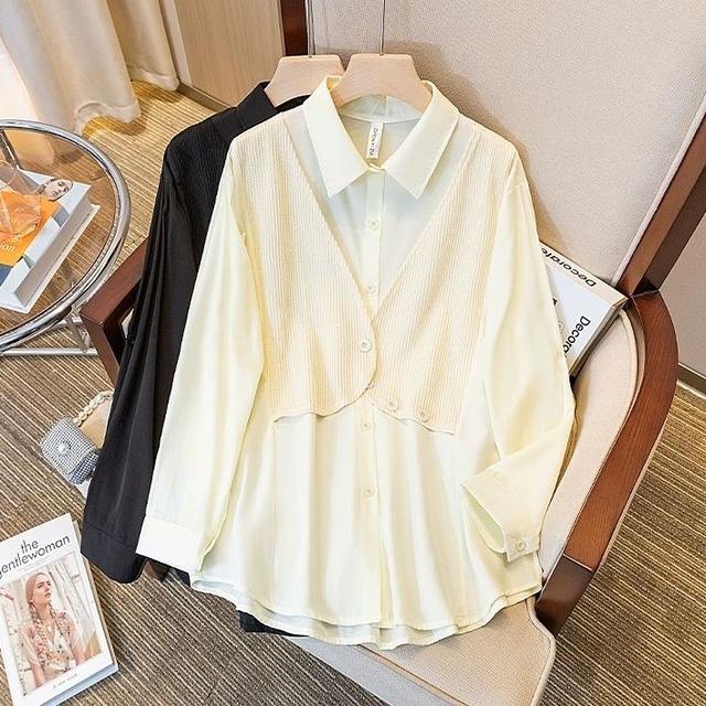 SOLID FAKE-2-PIECE DESIGN LONG SLEEVES SHIRT 2colors M-8675