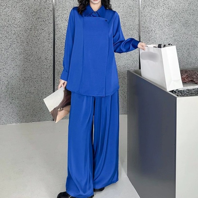 SOLID LONG SLEEVES DESIGN SHIRT & WIDE LEG PANTS SET 2pieces 2colors M-8539