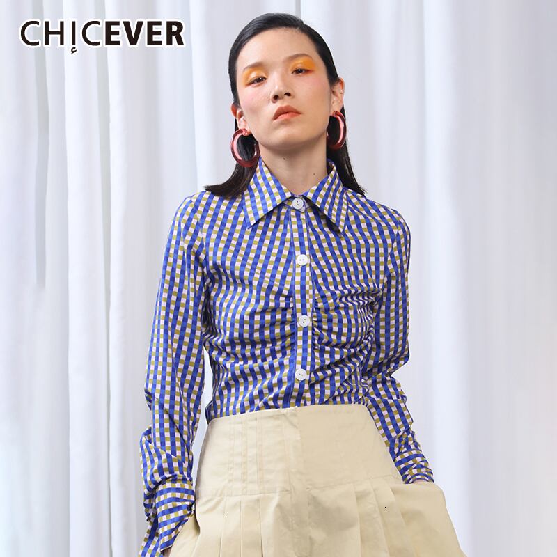 CHICEVERヴィンテージチェック柄ブラウスラペルカラー長袖スリムシャーリングイレギュラーシャツレディース2020服 ロング ビンテージ 6base52175058553