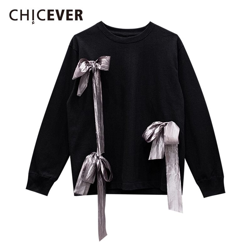 CHICEVERスウェットシャツ女性Oネック長袖パッチワーク蝶結びレースアップルーズプルオーバー2021 ロング リボン 6base581601618026