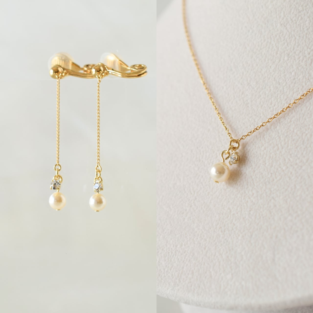 -set- chainパール ゴールド 魔法のイヤリング ネックレス セット 痛くない 日本製 金属アレルギー対応 落ちない 福耳ok 送料無料