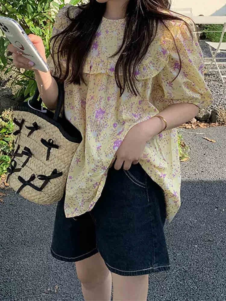 ポップな色×フリルの可愛さ満点デザイン フラワープリントパフスリーブブラウス かわいい カジュアル 大きいサイズ 韓国 CH8986