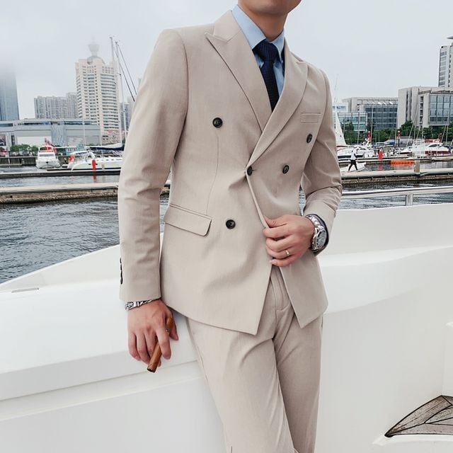 【予約販売】メンズ スーツ ダブル 無地 シック ブラック ベージュ ブルー グレー ジャケット パンツ セット セットアップ パーティ 二次会 同窓会 結婚式 韓国 トレンド M/L/XL/2XL/3XL/4XL