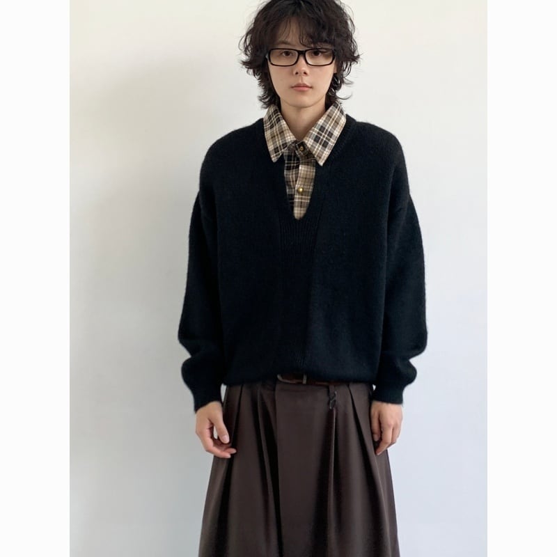 jiwuusチェック柄襟付き切り替えニット