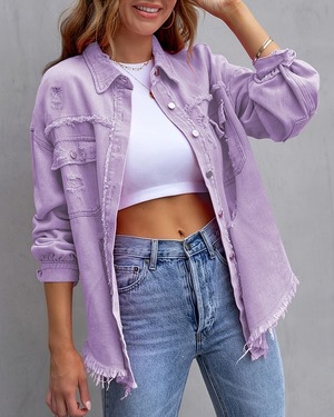 オーバーサイズ ダメージ デニムジャケット レディース トップス ジャケット アウター 上着 羽織 丈長 ミディアム 長袖 ドロップショルダー 前開き ボタン 切りっぱなし デニム ブルーデニム カラーデニム かわいい 大人可愛い シンプル カジュアル おしゃれ かっこいい こなれ感 無地 春 秋 冬 ママ 通勤 学生 学校 通学 デート お出かけ 旅行 公園 女子会 休日 重ね着 体型カバー 普段使い 着回し S M L XL 2XL 大きいサイズ ゆったり 黒 ブラック 紫 グレー ライトグレー