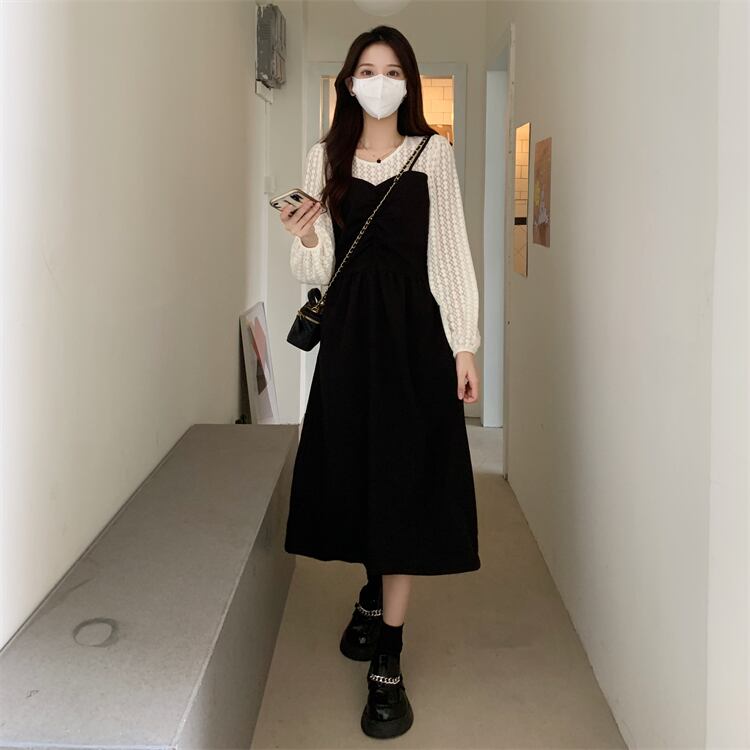 ワンピース レディース シースルー レイヤード フレンチレース シースルーレイヤード ミドル丈 ミドル丈ワンピース Aライン Aラインワンピース おフェロ フェミニン 清楚 大人可愛い 大人女子 レトロ ドッキング ラウンドネック パフスリーブ プルオーバー ハイウエスト 脚長効果 美脚効果 スタイルアップ 韓国 送料無料 ファッション コーデ コーディネート 可愛い デート 女子会 おさんぽ パーティー おでかけ サイズ展開豊富 M L XL 2XL 3XL 4XL ブラック ホワイト プチプラ