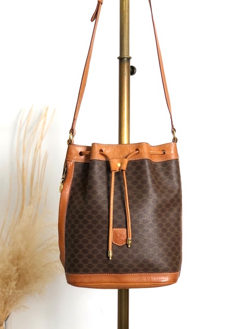 CELINE セリーヌ マカダム ショルダーバッグ ブラウン ブラゾン型押し PVC 巾着 vintage ヴィンテージ オールド s6mkjn