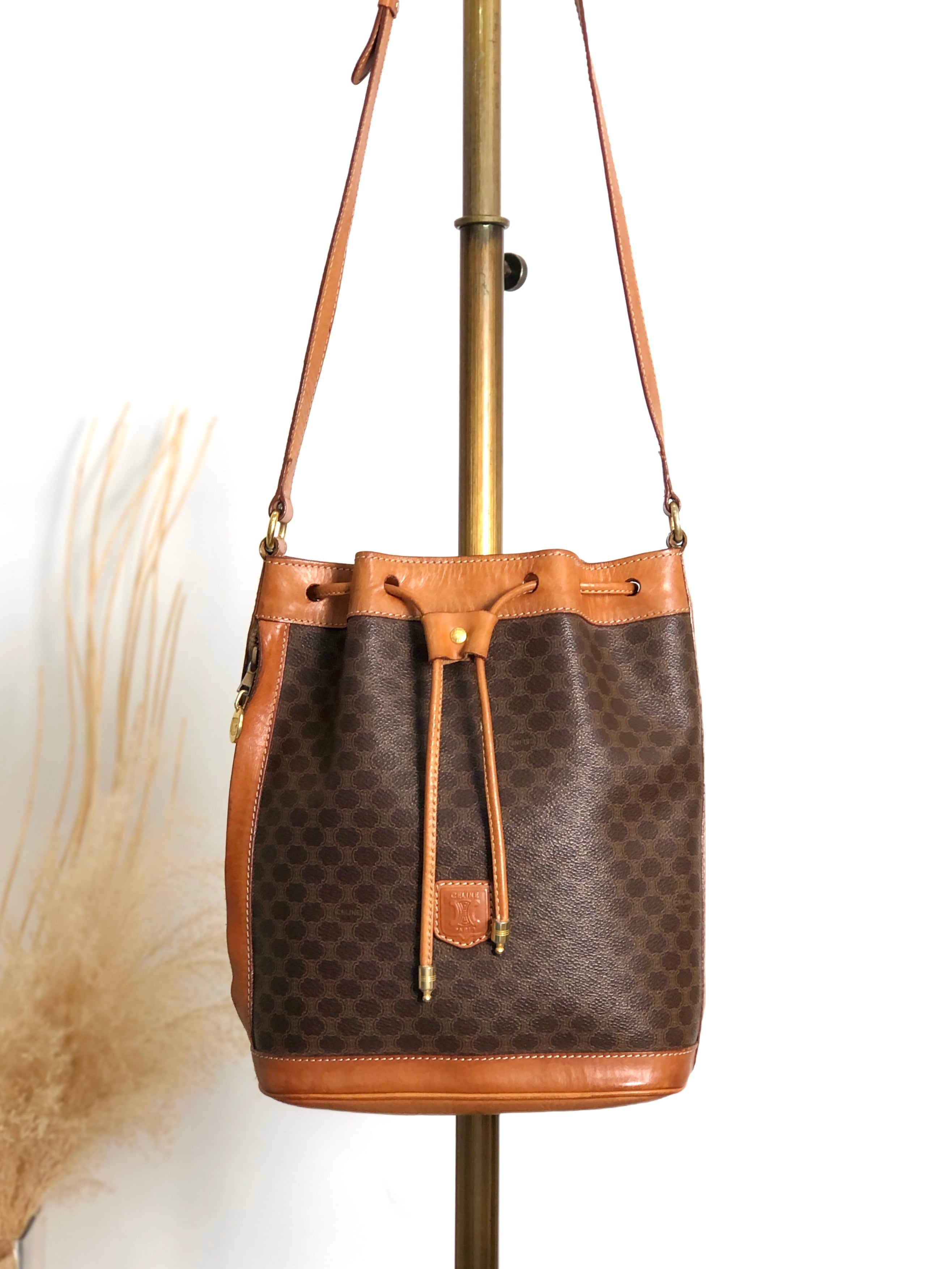 CELINE セリーヌ マカダム ショルダーバッグ ブラウン ブラゾン型押し PVC 巾着 vintage ヴィンテージ オールド s6mkjn