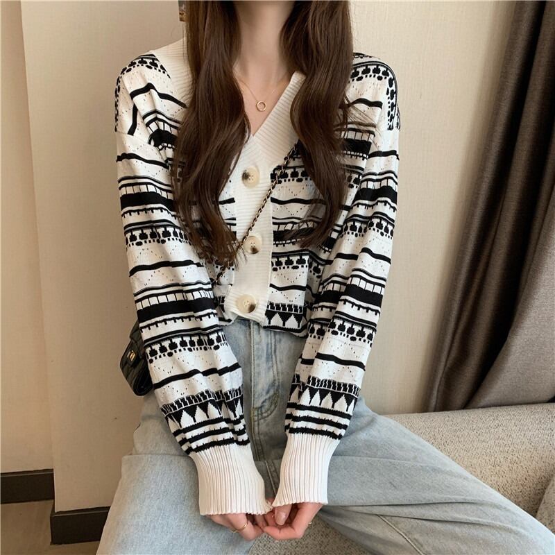 オータムストライプニットカーディガンジャケット ルーズ薄手ショートトップス ロング 秋物 萌量不足63843670239
