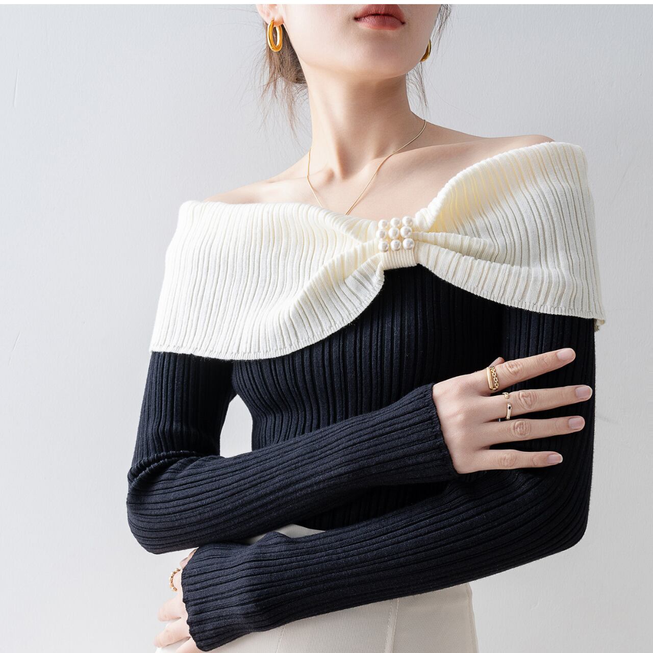 リボン オフショルダー ニットトップス