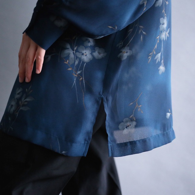 good coloring flower art pattern shell button see-through shirt