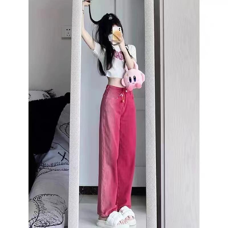 【新作】【送料無料】 レトロなグラデーションストレートジーンズ女性のための 2023 夏の新しいアメリカンスタイルローズレッドルーズワイドレッグパンツトレンディなイン 0325959425789